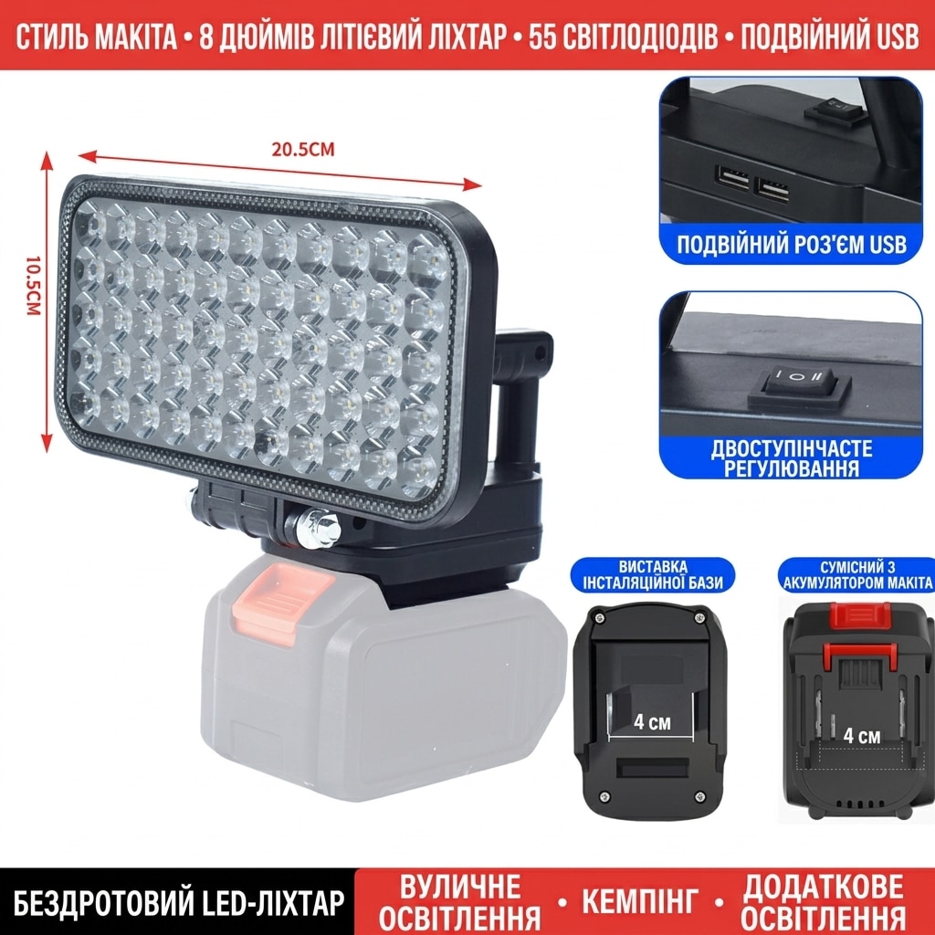 Акумуляторний ліхтар Kersenis 55 LED для Makita з функцією Power Bank - Зображення 2